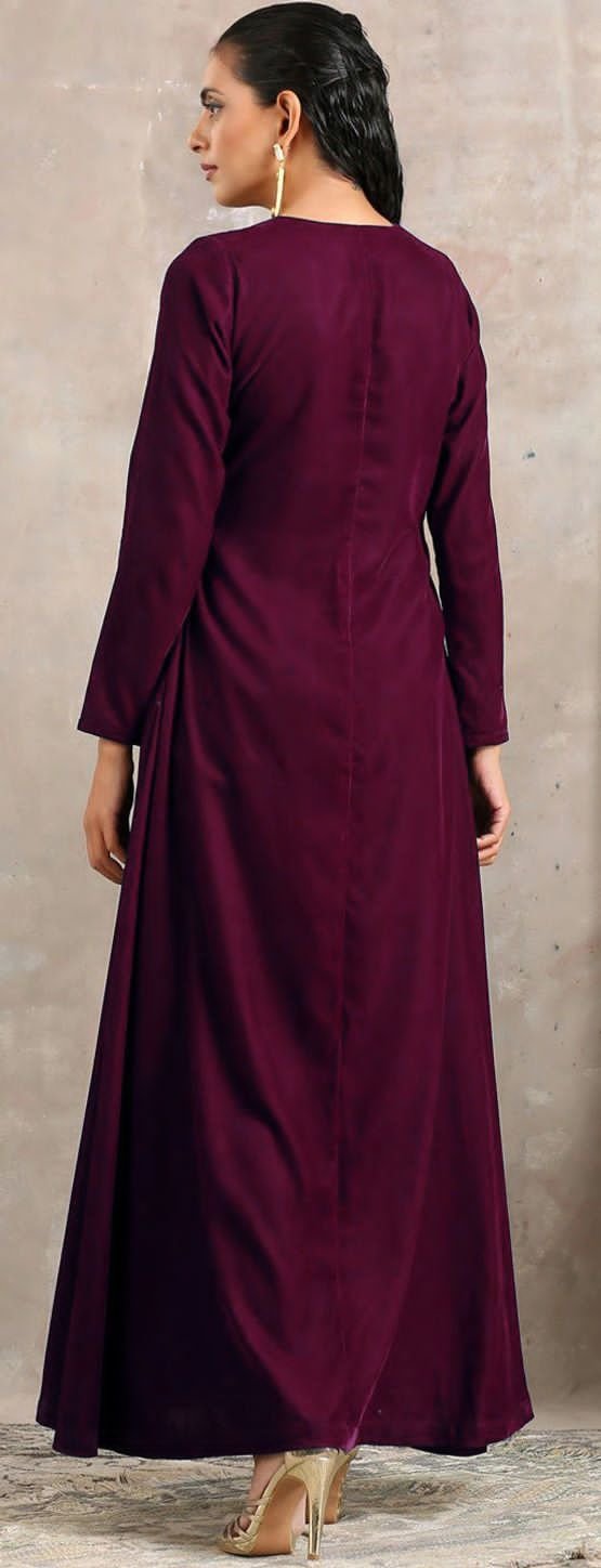 Wine Pure Velvet Suit Set with Thread Embroidery